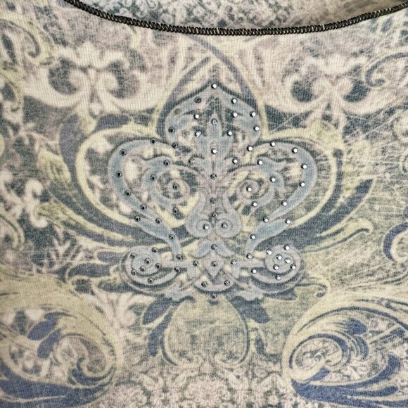 Y2K Xcit u.s.a. Blue Green Filigree Crystal Embellished Long Sleeve T Shirt - Picture 2 of 10